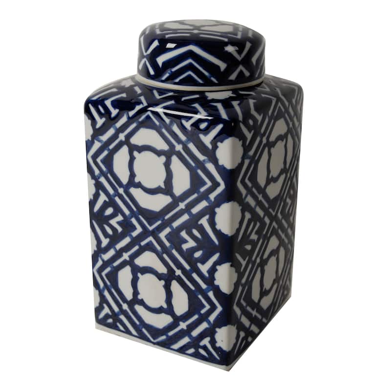 10 Inch Lidded Jar, Porcelain Construction, Deep Blue Graphic Trellis - Blue