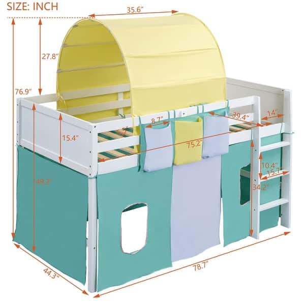 dimension image slide 1 of 3, Colorful Loft Bed Twin Size Wood Bed Frame Support Loft Bed Rural Life Style with Full Length Guardrail and 3 Pockets