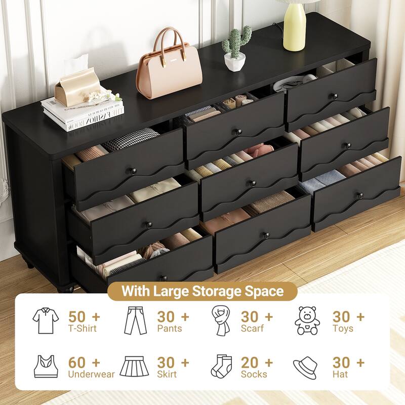 Modern 9-Drawer Dresser Closet Organizer, 63-In Chest of Drawers TV Stand