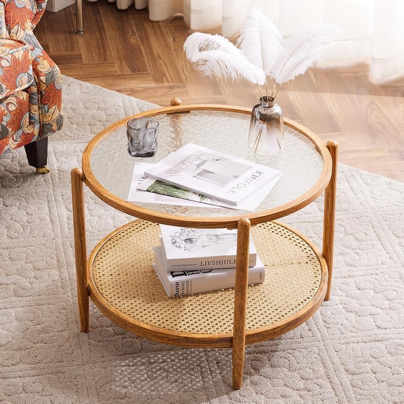 VINGLI Double-Layered Round Water Ripple Glass with Heat Transfer Wood Grain Iron Frame Coffee Table