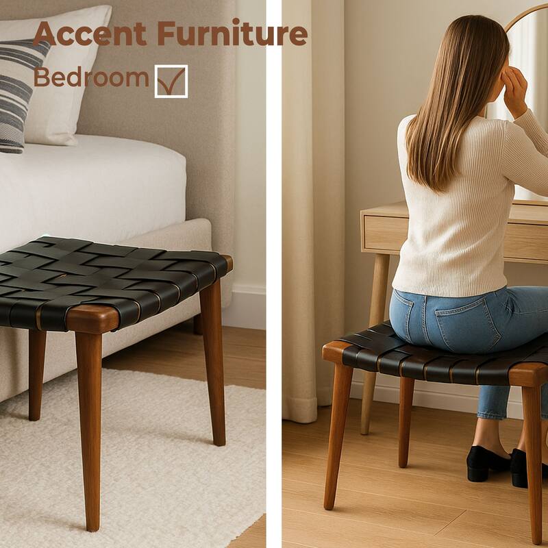 Genuine Leather Rene Stool Bench with Ash Wood Frame Seating