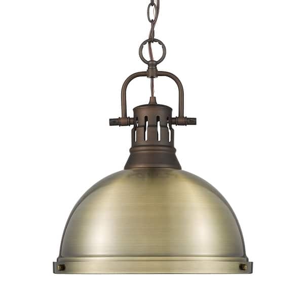 slide 1 of 1, Yep by Golden Lighting Duncan 1-light 14in Chain Hung Pendant in Rubbed Bronze and Aged Brass shade