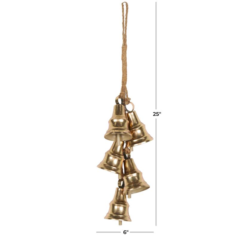 Metal Cascading Cluster Decorative Bells with Jute Hanging Rope - Gold - Roche River Decor