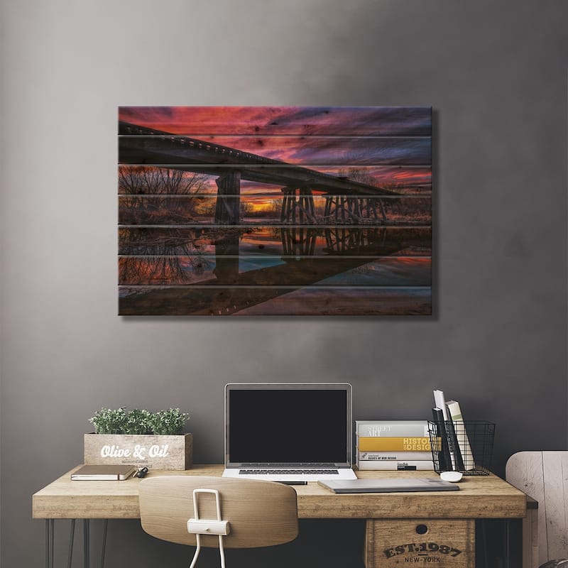 Reflected Railroad Trestle At Sunset Print On Wood by Christopher Thomas - Multi-Color