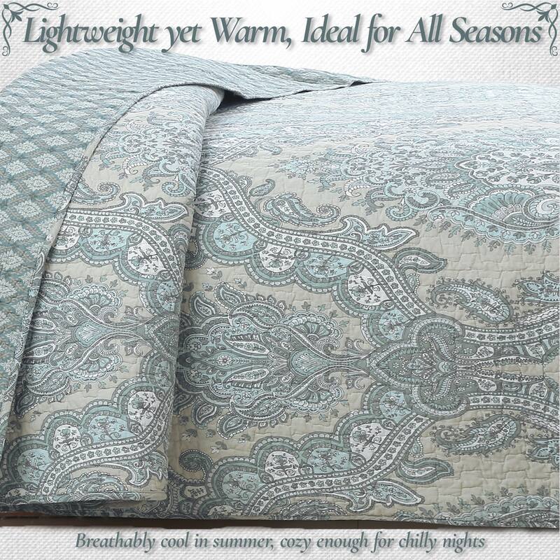 Cozy Line Ornate Paisley Medallion Grey Blue Cotton 3 Piece Queen Quilt Bedding Set