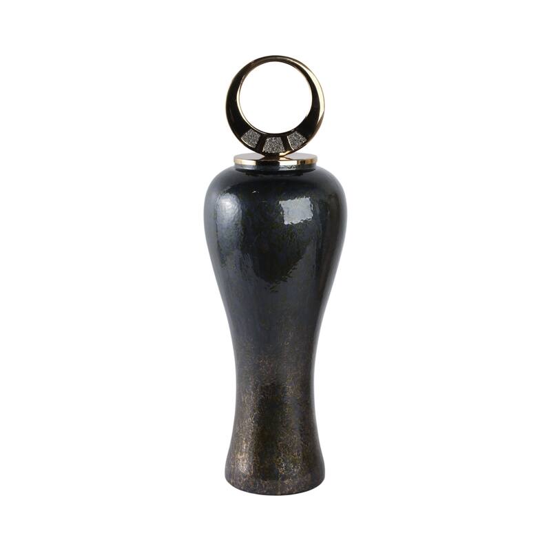 Glass Vase with Modern Sculptural Metal Brass Accent and Stone Detail