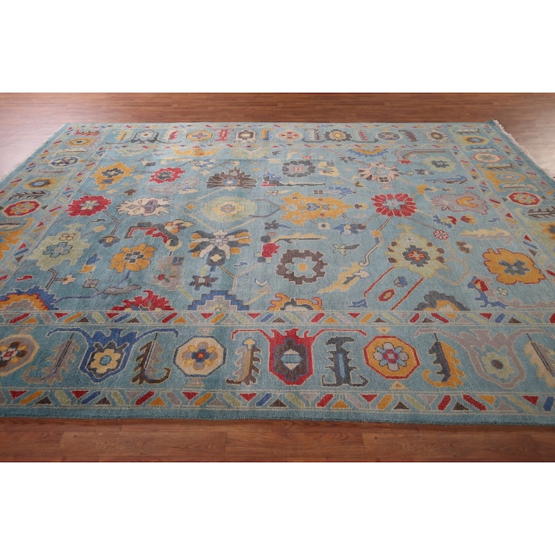Light Blue Oushak Indian Area Rug Hand-Knotted Floral Wool Carpet - 8'11"x 11'11"