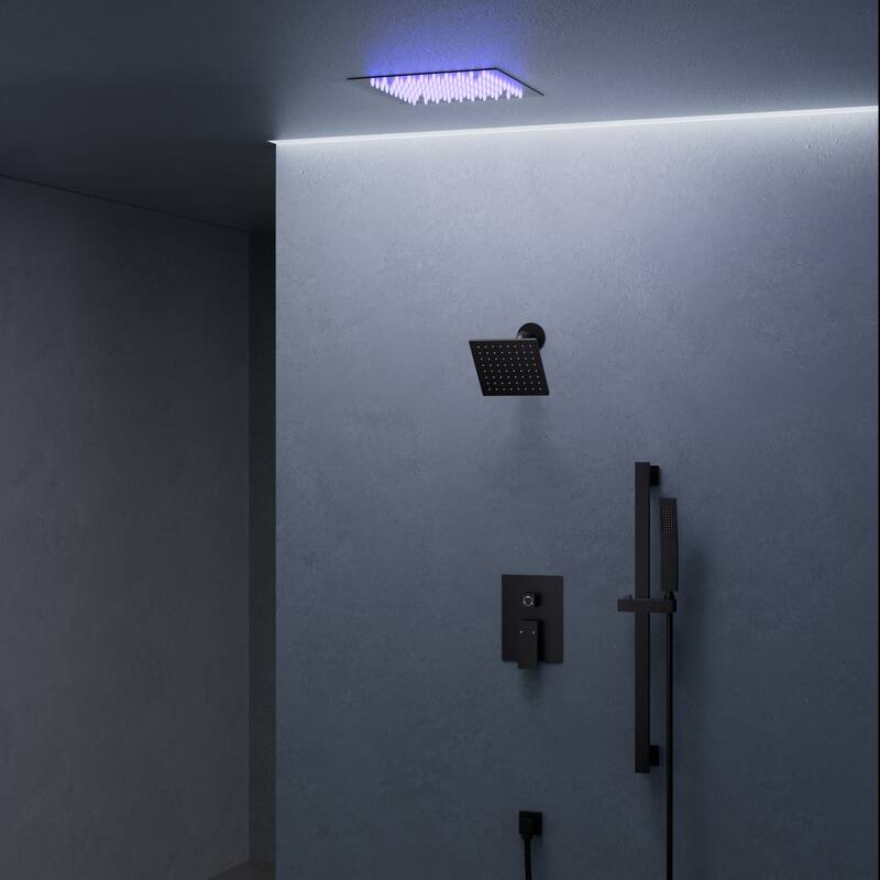 Celling Mounted 12 in. Rainfall LED Shower System with 6 in. Shower Head Handheld Shower Faucet Set - Matte Black