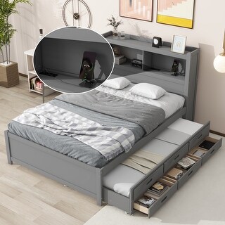 Full Size Bed with Trundle, Drawers, and USB Ports in Grey