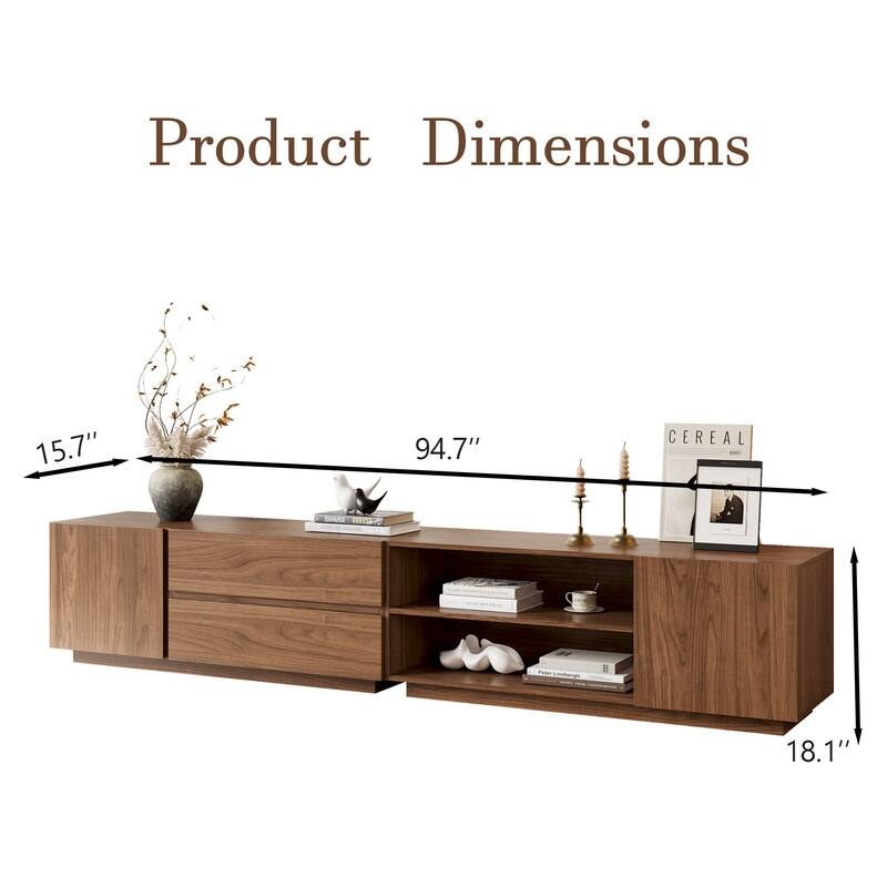 94.7" Modern Mid-Century Brown Wood TV Stand with Storage - Convertible Flat/Stackable Media Console for Living Room