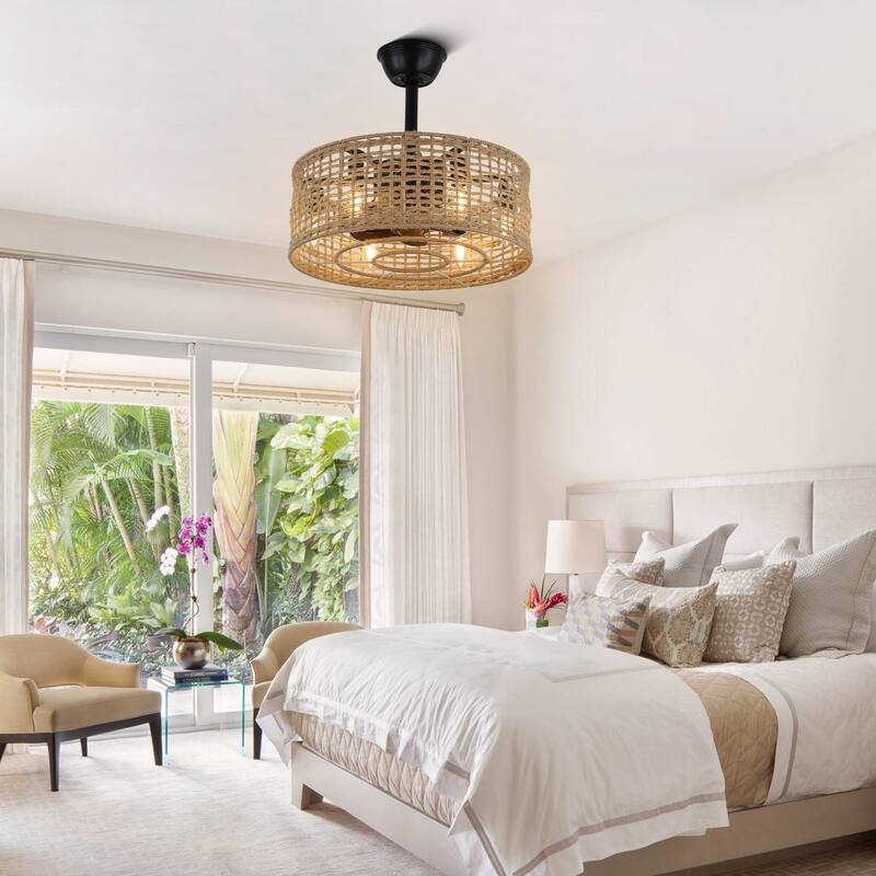 20" Oaks Aura Rattan Hemp Rope Zen Conception Boho Caged Ceiling Fan with Lights,3- Speed Scandi Style Fan lights w/Remote