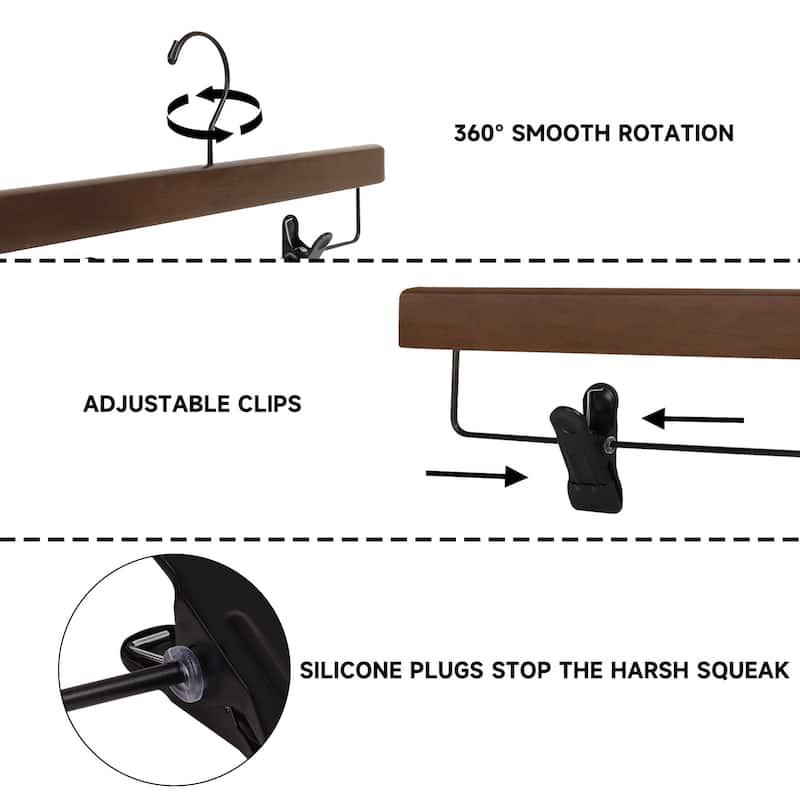 BP4U Premium Wooden Pants Hangers with Adjustable Clips, Solid Wood Skirt Hangers for Jeans, Slacks, Dresses