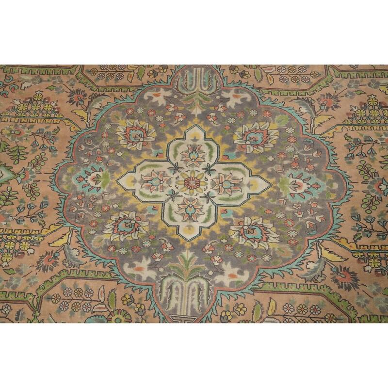 Hand Knotted Oriental 100% Wool Carpet Traditional Floral Peach Tabriz Area Rug - 12' 8'' X 9' 7''