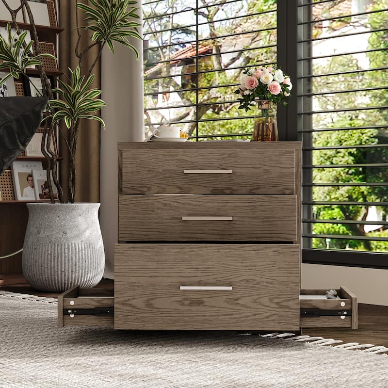 Chic Wooden 3-Drawer Nightstand: Wood Finish with Hidden Drawer for Secret Storage Bedside Table