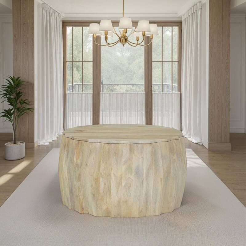 Facet 30" Diamond Carved Round Mango Wood Coffee Table - Elegant Cylindrical Base, Walnut Finish Accent Table - Natural