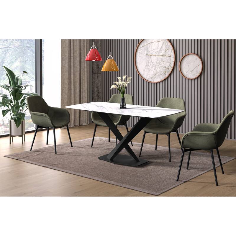 Voren Dining Table with Stone or Glass Tabletop in Black Steel Base