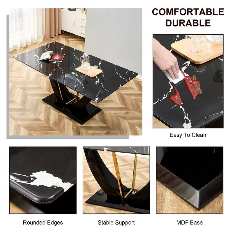 Modern minimalist and luxurious black imitation marble texture dining table rectangular office desk. Game desk