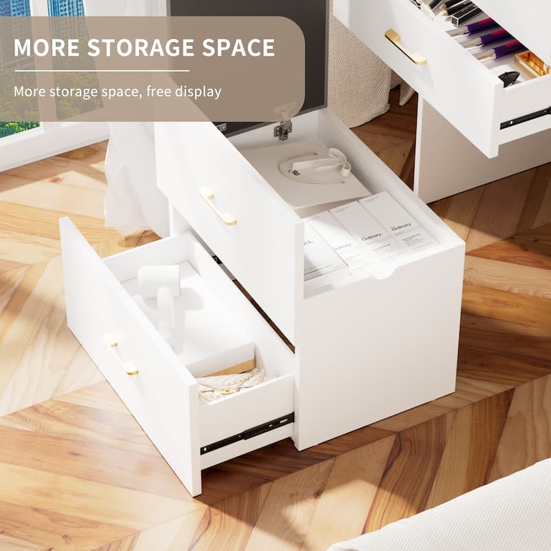 3 in 1 Vanity Desk with Flip Mirror, Glass Top Makeup Table with Charging Station, 3 Drawers & Stool for Bedroom