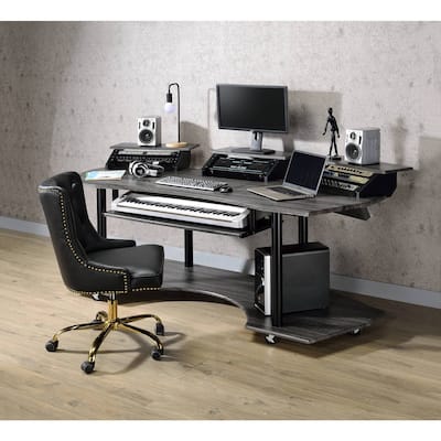 Recording Studio Desk 4 Shelf - Black Oak Computer Desk, 40"D x 83"W, Keyboard Tray, CPU Storage, Office Desk