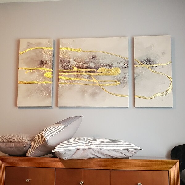 Madison Park Cosmo Blue/ Gold 3 Piece Canvas Set Hand Embellished 