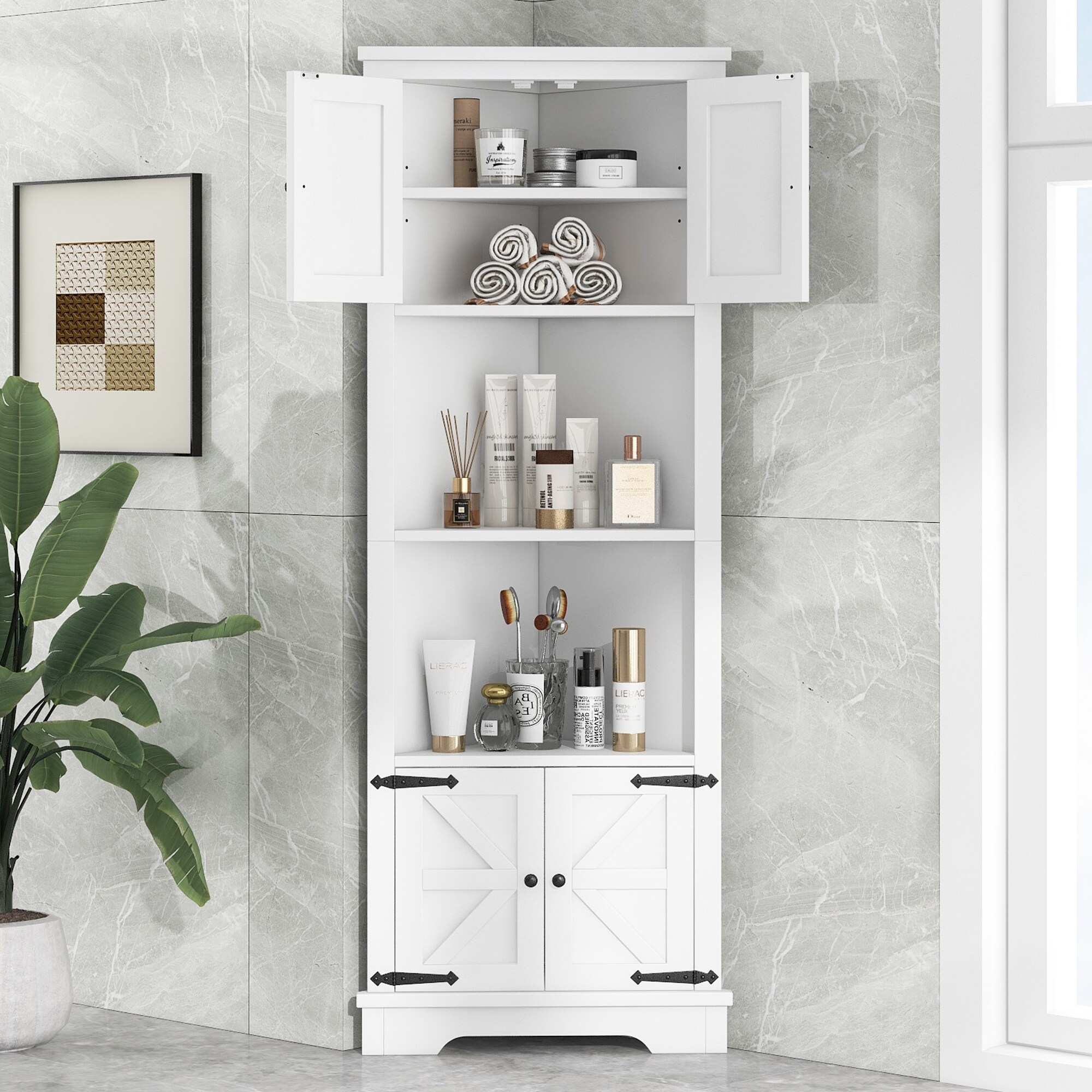 Tall Corner Bathroom Storage Cabinet with Doors and Adjustable Shelves with Open Storage Shelf Bed Bath Beyond 39895993