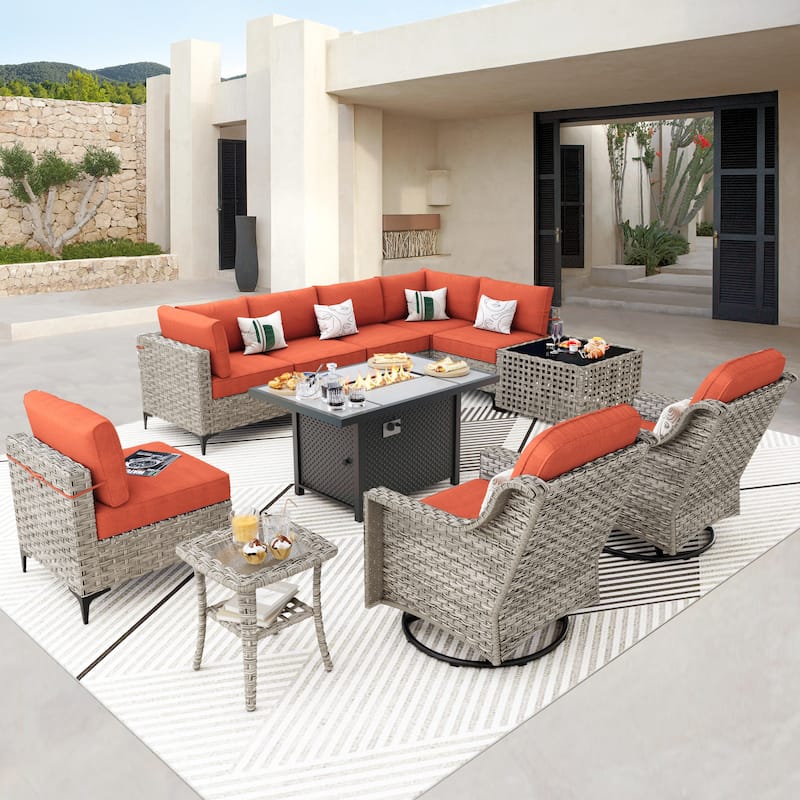 OVIOS 11 Pieces Outdoor Wicker Swivel Chair Set With Solar-Powered Coffee Table&Fire Pit - Pit Orange/Red
