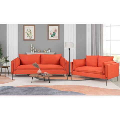2 PCS Sofa Sets Linen Upholstered Loveseat and 3 Seat Couch Set Orange