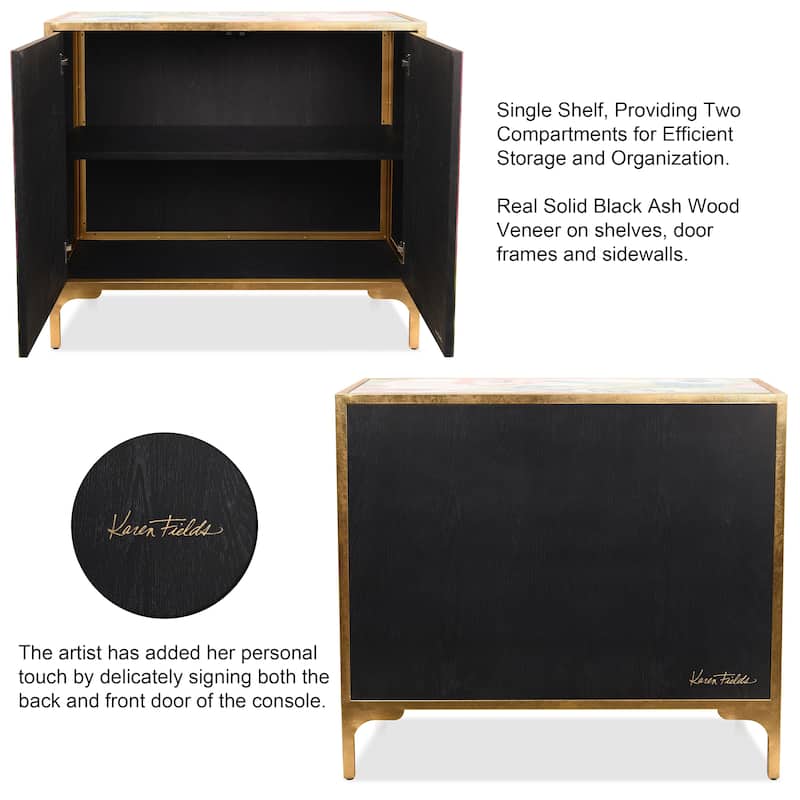 "Secret Garden Floral" Cabinet Console Table on Beveled Reverse Printed Art Glass with Iron Gold Leafed Frame