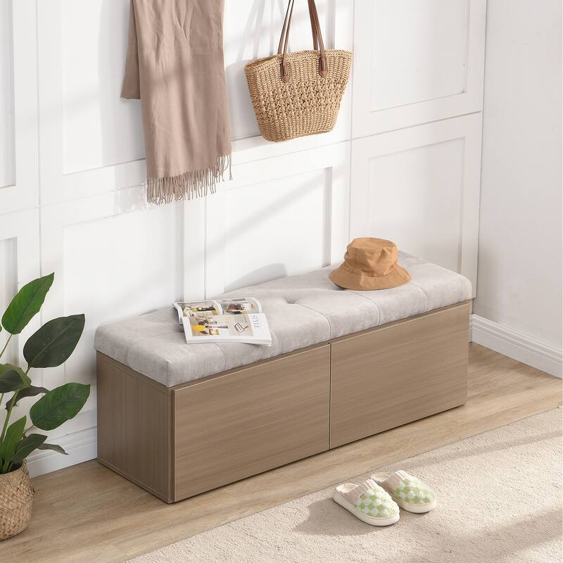Wooden Shoe Storage Bench Entryway Tufting Bench w/ Adjustable Shelves聽