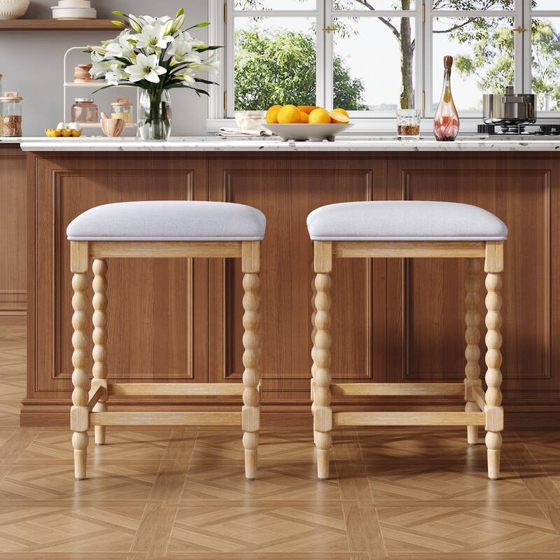26" Counter Stools,Set of 2 with Upholstered Seat, Solid Acacia wood Frame, Foam-Padded Seat, Open Airy Design for Kitchen - Natural