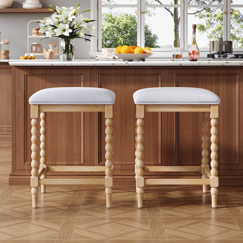 Set of 2 Natural Acacia Wood Counter Stools, 26" with Upholstered Foam-Padded Seat & Open Airy Design for Kitchen Island & Bar