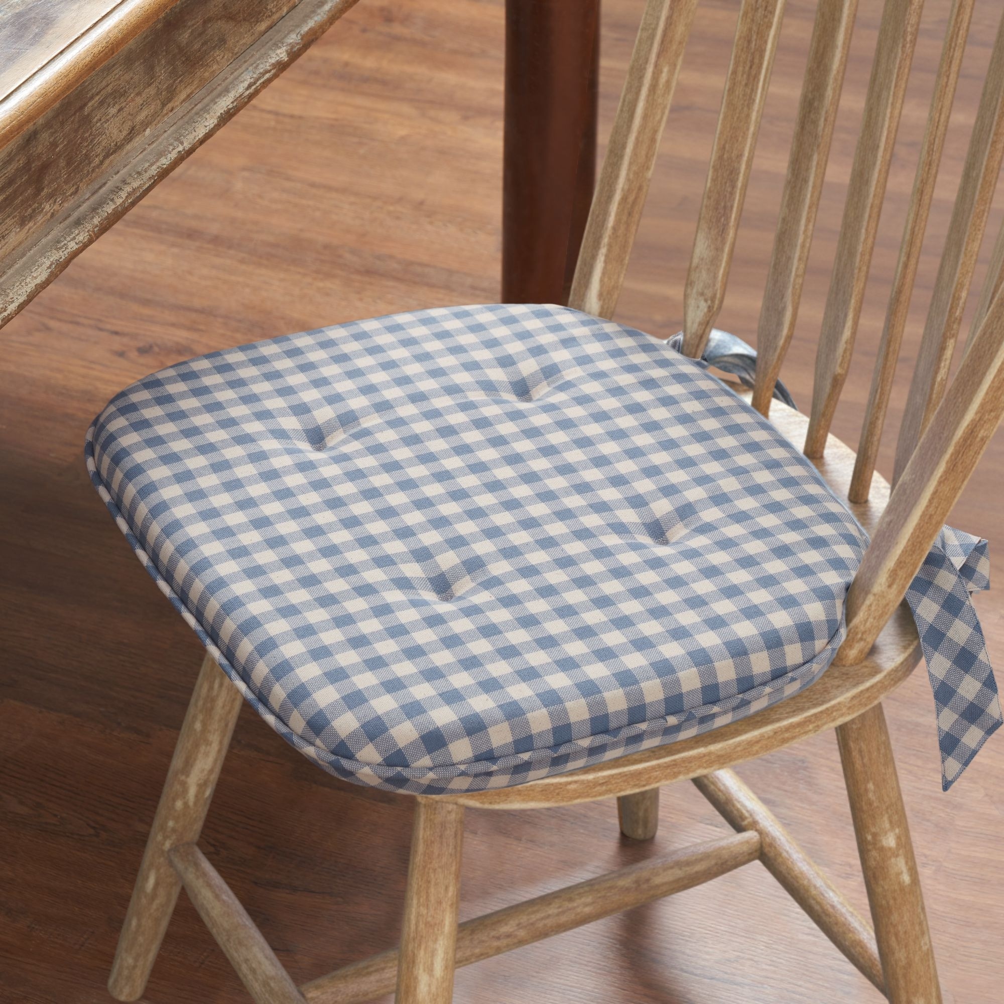 Cottage Blue Checked Chair Pad - Firm Foam Farmhouse Cushion