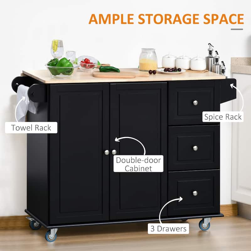 Mobile Kitchen Island with Drop Leaf, Storage Trolley Cart on Wheels, Towel/Spice Rack, 3 Drawers, 2-Door Cabinet