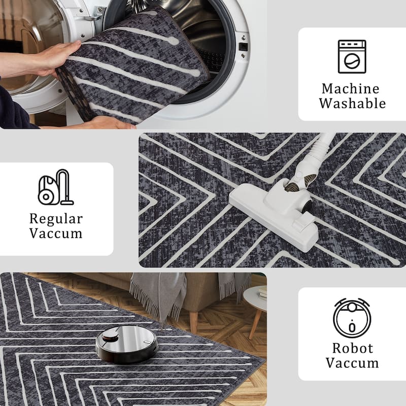 Modern Geometric Area Rug Farmhouse Stripe Area Rug Living Room Stain Resistant Non-Slip Carpet for Bedroom Dining Room