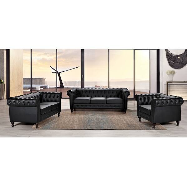 slide 1 of 20, Brooks Classic Chesterfield 3-Piece Living Room Set-Chair Loveseat & Sofa Black