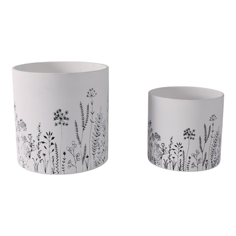 Terracotta Planters Botanical Illustration (Set of 2) - 9", 6" White - 8" x 8" x 8"