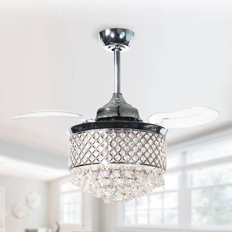 Modern 36" Retractable Crystal Chandelier Ceiling Fan with Light Kit and Remote Control, Chrome - 36 in - Chrome