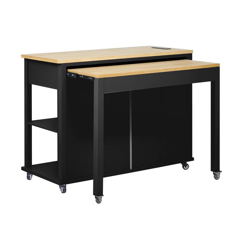 Roomfitters 47" Kitchen Island with Slide-Out Dining Table, Mobile Cart with Built-in Outlets, Internal Racks, Black