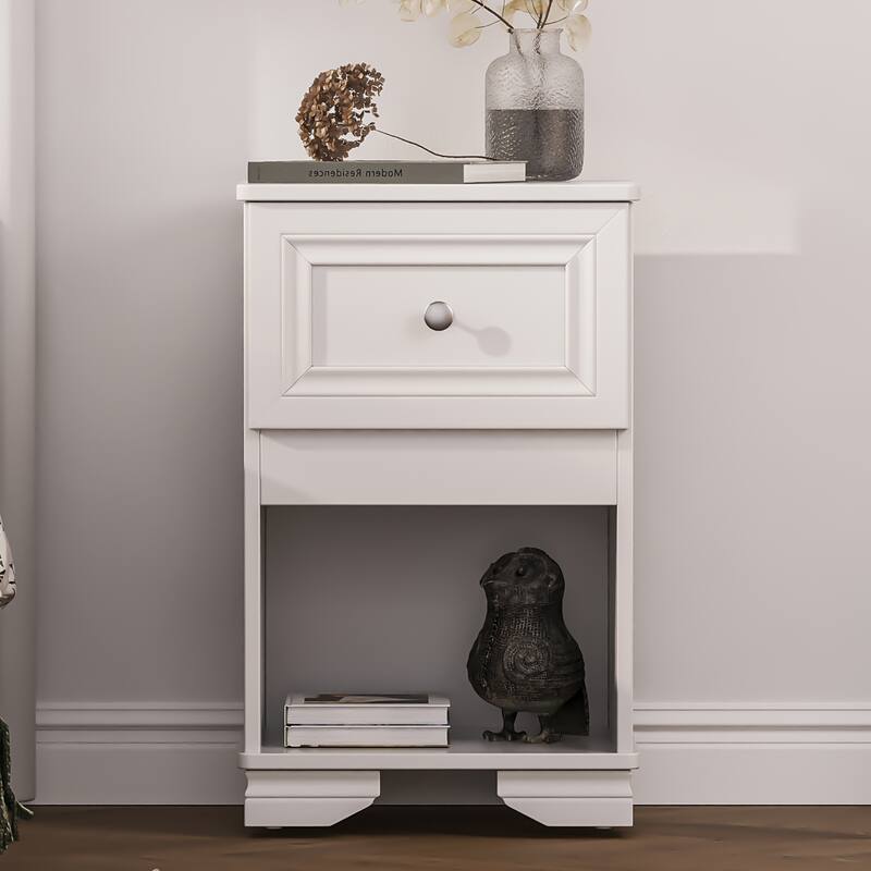 Bedside Table with Drawer, Nightstand with Storage Shelf and Metal Handle, Wood End Tables Bedroom Small Side Table Accent Table