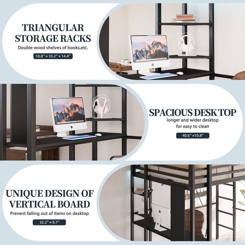 Futzca High Loft Bed Frame with Desk, Twin Size Bunk Bed