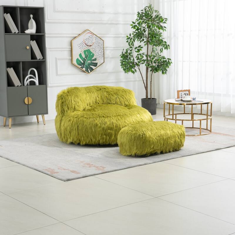 Fluffy Bean Bag Chair with Ottoman, Comfy Bean Bag Lounger for Adults and Kids, Ultra Soft Lazy Sofa Chair with Memory Foam