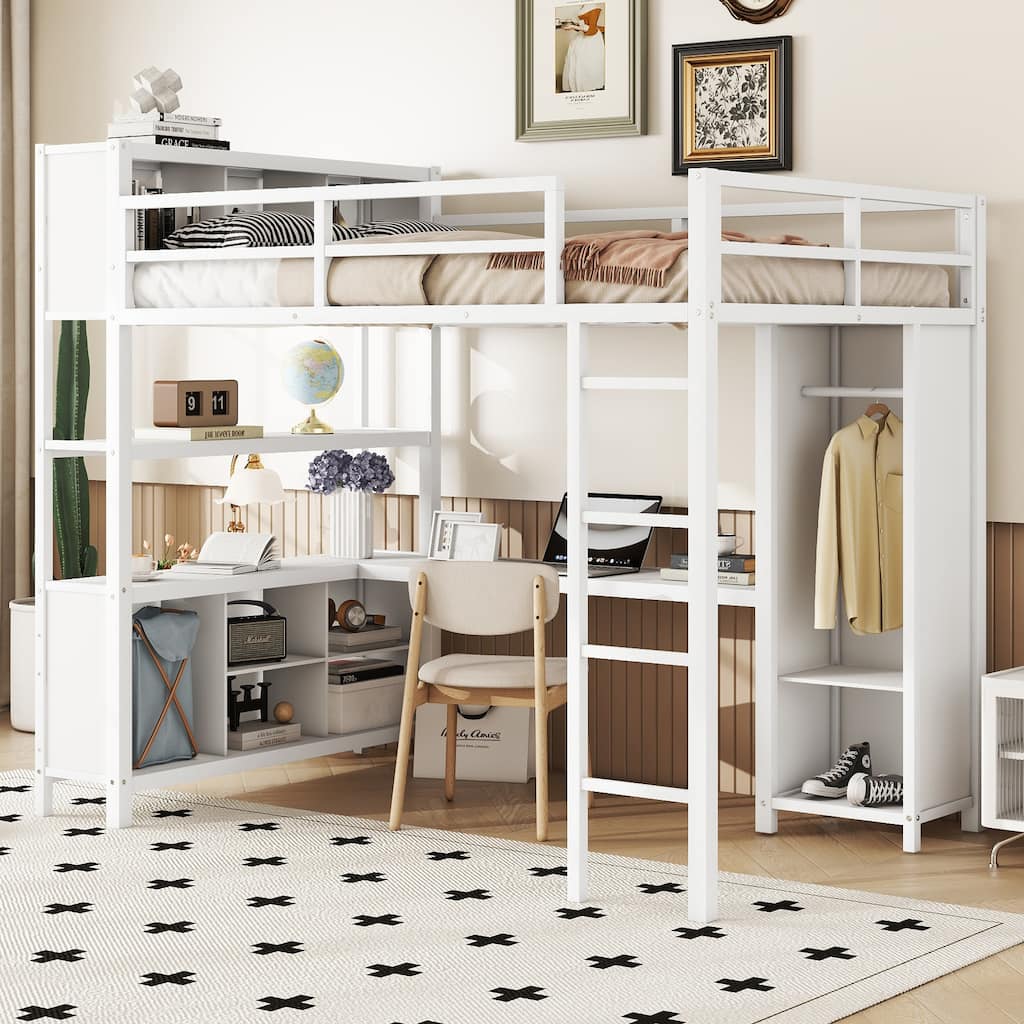 Metal Loft Bed with Wardrobe And L-shaped Desk, Full Size Loft Bed with Storage Cubes and Shelves, Heavy Duty Loft Bed