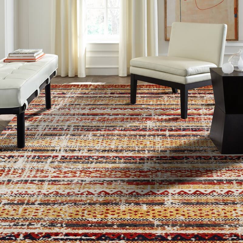 Porch & Den Pommel Distressed Red/Gold Striped Indoor/ Outdoor Area Rug