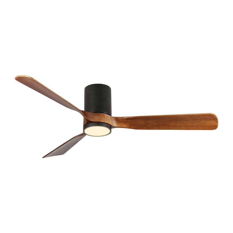 60 in. LED Indoor/Outdoor Flush Mount Matte Black Ceiling Fan with Wood Blades, 6-Speed DC Remote Control