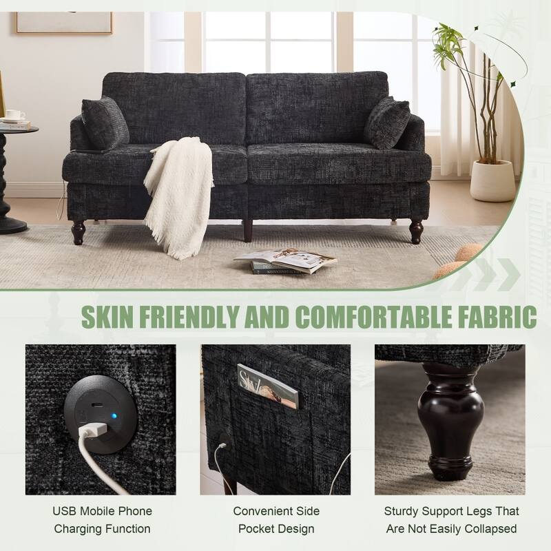 Modern Chenille 2-Seater Wood-Legged Sofa with LED light, USB Charging Port and Storage Bag