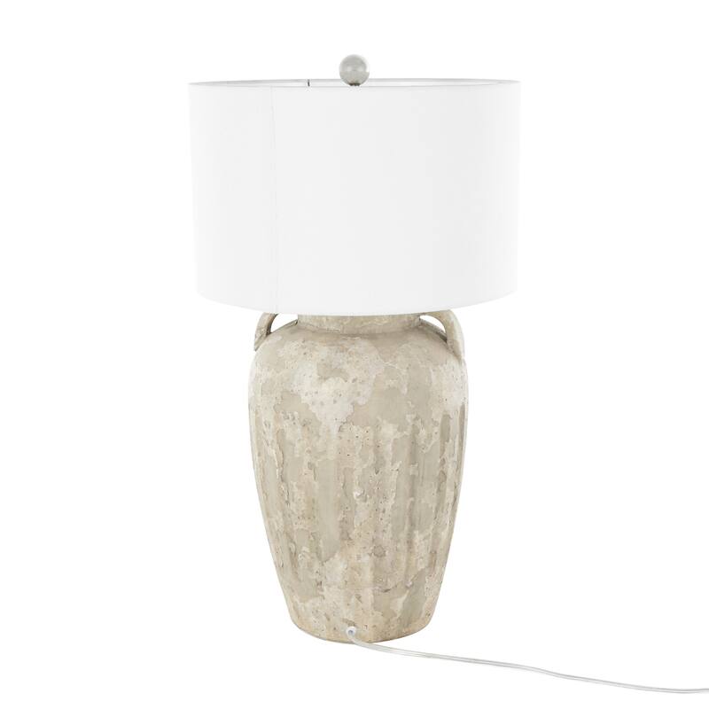 Ceramic Distressed Antique Style Pot Vase Room Table Lamp with Cream Linen Shade - Brown, Black, Cream - Roche River Decor