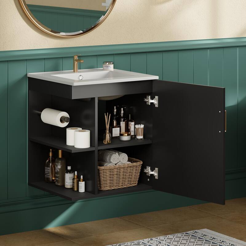 20" Small Floating Bathroom Vanity with Ceramic Sink Combo, Wall Mounted Bathroom Cabinet with Side Shelf - Black - 20 Inch