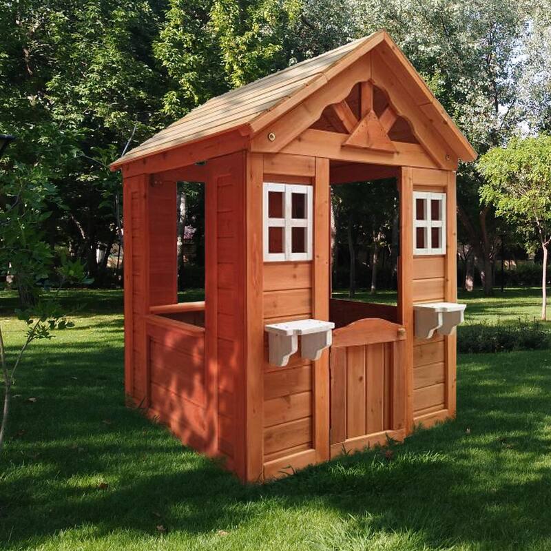 Anmytek All Wooden Kids Playhouse with 2 Windows & Flowerpot Holder - 42"Lx46"Wx55"H - 42" L x 45" W x 55" H
