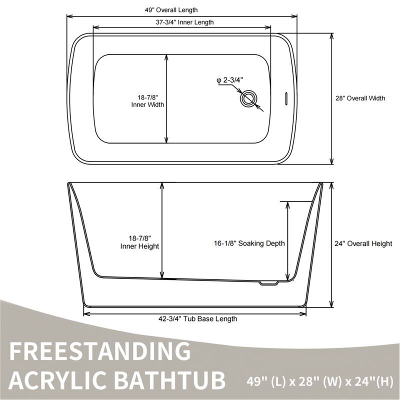 49" Glossy Black Square Acrylic Soaking Tub