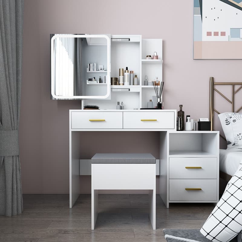 Makeup Table Set with Led Lights - White